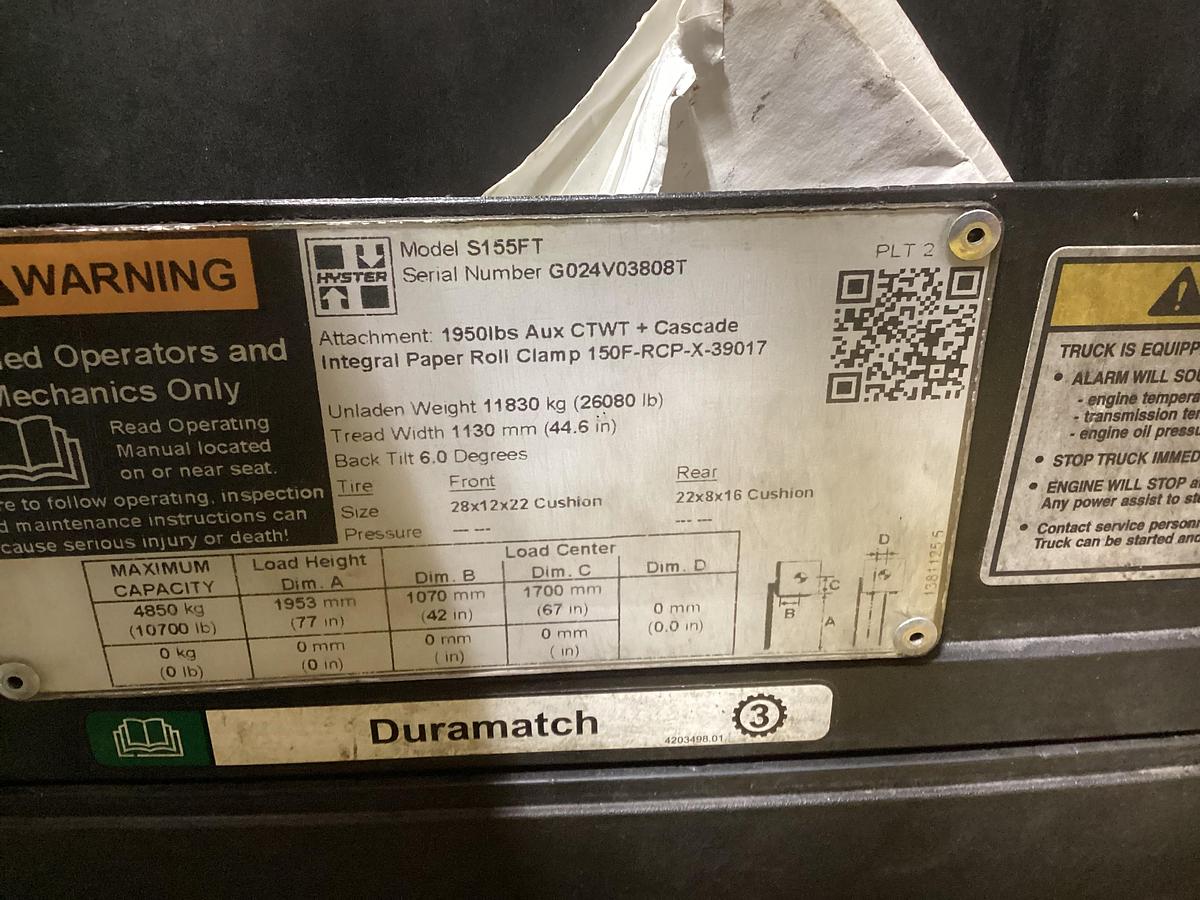 Used 15,500 POUND HYSTER MODEL S155FT FORKLIFT WITH 84" CASCADE EXTRA HEAVY PAPER ROLL CLAMP