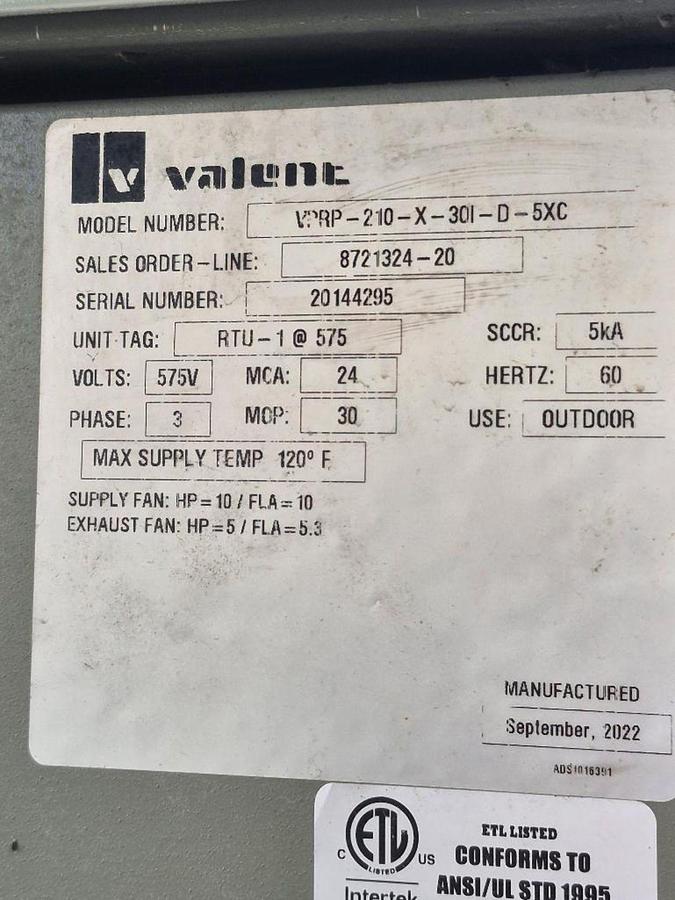 Used VALENT MODEL VPRP-210-X-301-D-5XC CINFIGURABLE PACKAGED AIR HANDLING UNIT