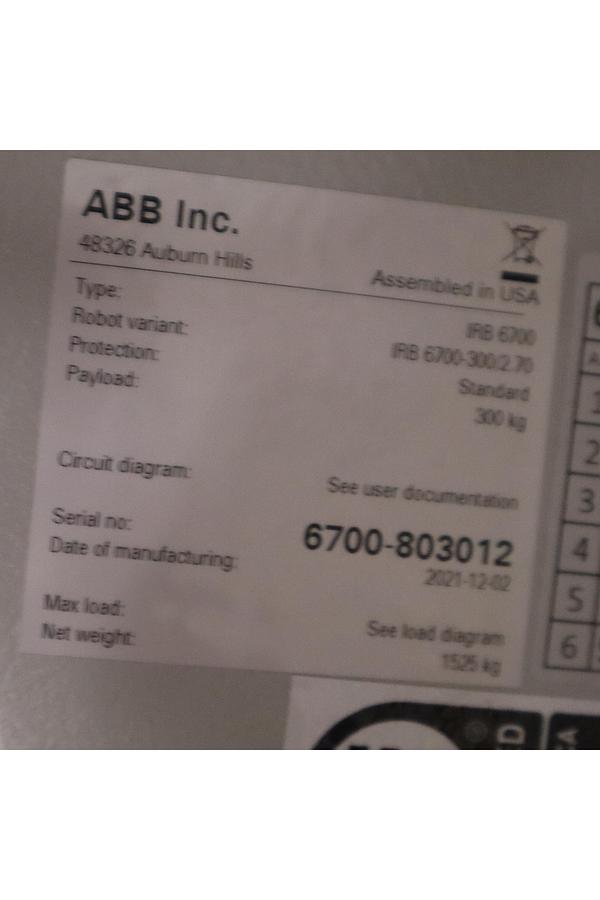 ABB MODEL IRB 6700-300/2.70 ROBOT 6-AXIS MANUFACTURED 2021