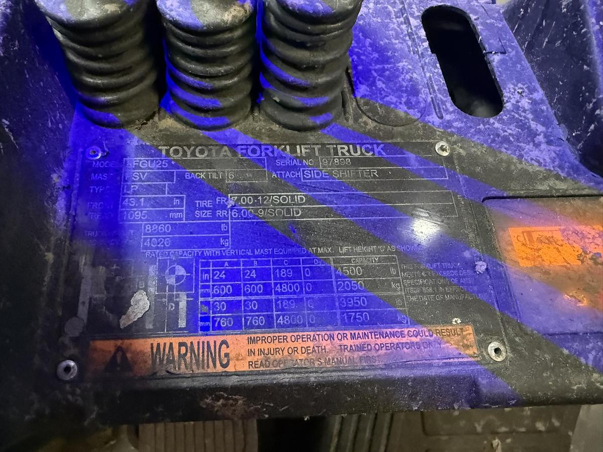 Used 5,000 POUND TOYOTA MODEL 8FGU25 FORKLIFT WITH 2,100 HOURS 