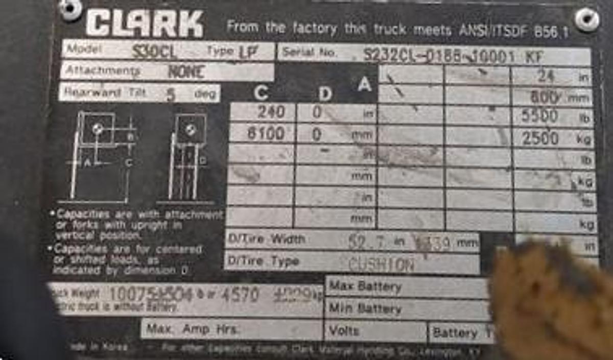Used 6,000 LB. CLARK MODEL S30CL 103"LH/240"RH MFG 2018