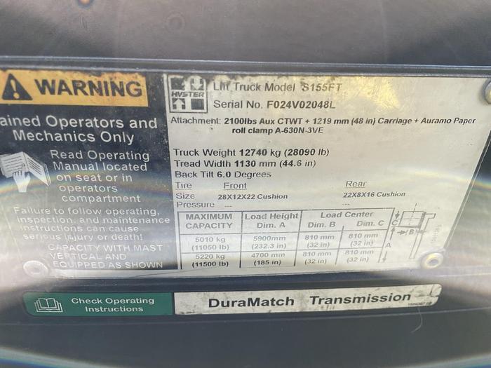 Used 15,500 POUND HYSTER MODEL S155FT FORKLIFT