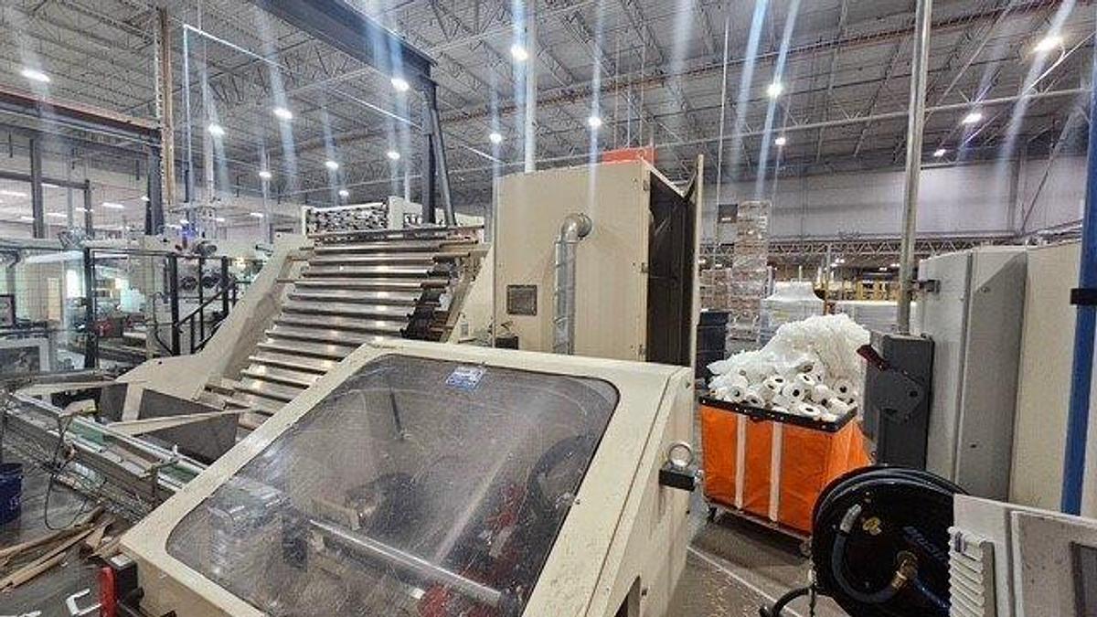 Used 108" WIDE UNIVERSAL TISSUE TECHNOLOGY BRT/KRT REWINDING LINE W/4 LANE LOG SAW