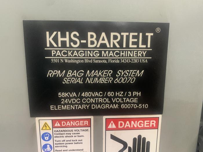 Used KHS-BARTELT VERTICAL POUCH MACHINE WITH HOODED SLIDE ZIPPER ATTACHMENT