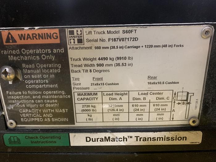Used 6,000 POUND HYSTER S60FT FORKLIFT 2-STAGE MAST