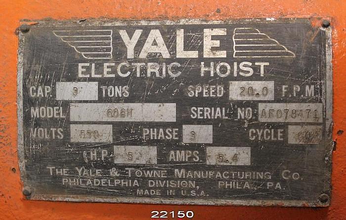 Used YALE 606H ELECTRIC HOIST 3-TON