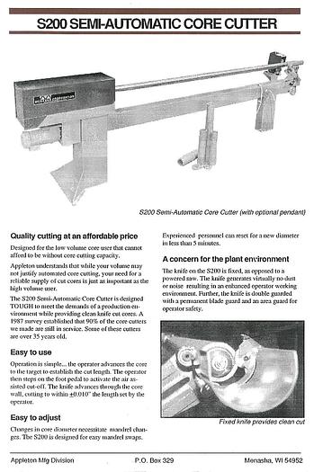 Used APPLETON S-200 SEMI AUTOMATIC CORE CUTTER 4" MANDREL