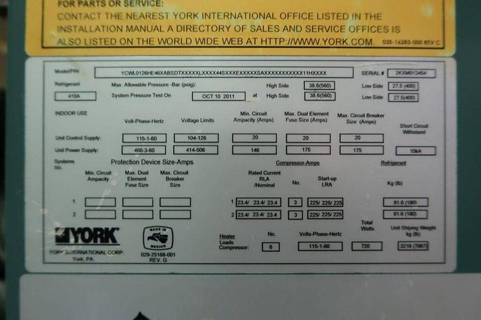 Used YORK MODEL YCWL0126HE46XABSDTXXXXXLXXXX44SXXXEXXXXXSAXXXXXXXXXXX11HXXXX CHILLER