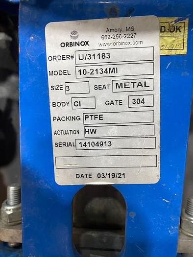 Used ORBINOX MDL. 10-2134MI 3" SLIDE GATE VALVE