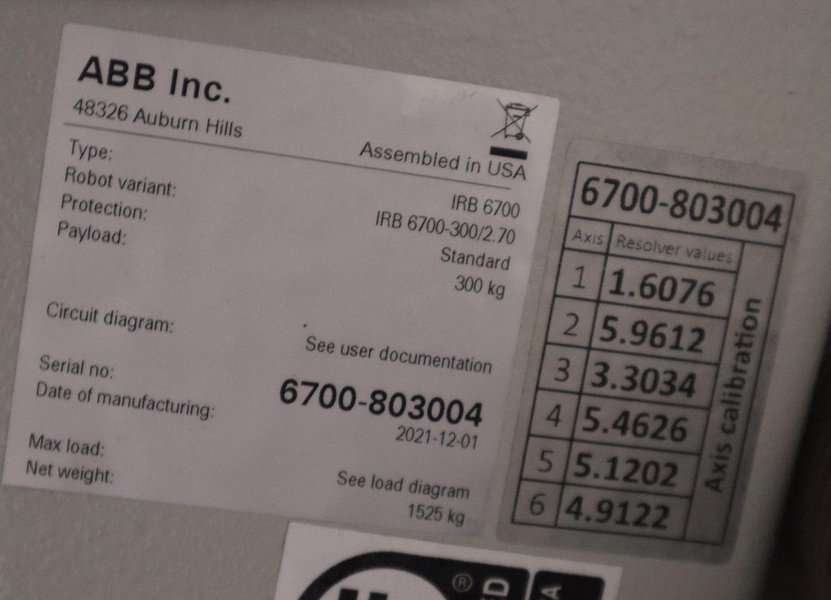 ABB MODEL IRB 6700-300/2.70 ROBOT 6-AXIS MANUFACTURED 2021