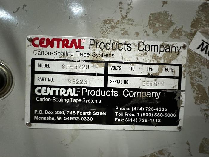 Used CENTRAL CP-322U CASE TAPER CARTON SEALER SYSTEM