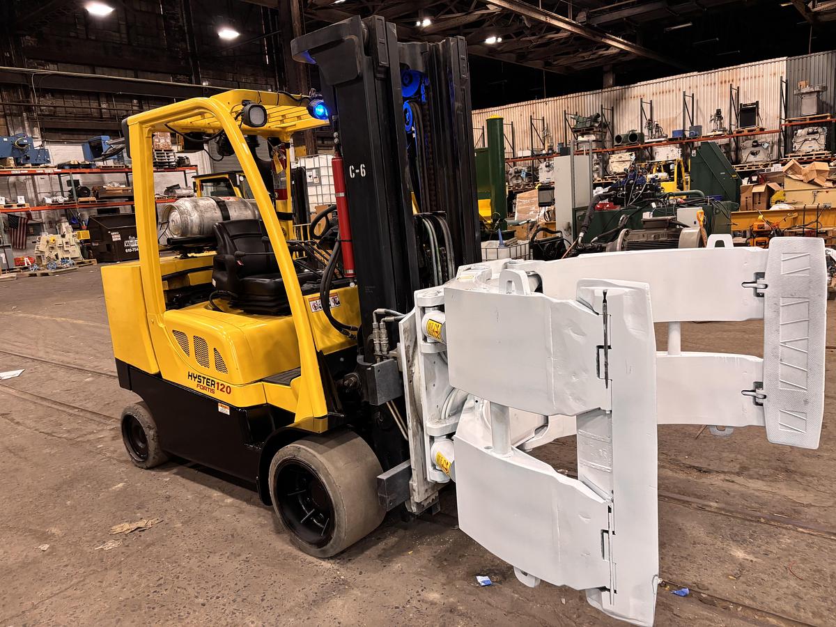 Used 12,000 POUND CAPACITY HYSTER S120FTPRS FORKLIFT WITH 72" CASCADE CLAMP