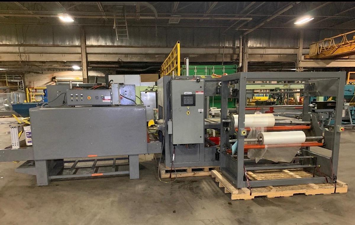 Used 50" W HEAVY DUTY IN-LINE AUTOMATIC SHRINK BUNDLER SYSTEM W/ WELDOTRON #1250 BUNDLER AND #5016 TUNNEL