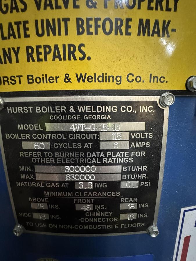 Used HURST BOILER MODEL 4VT-G-15-15 MAX 630,000 BTU/HR