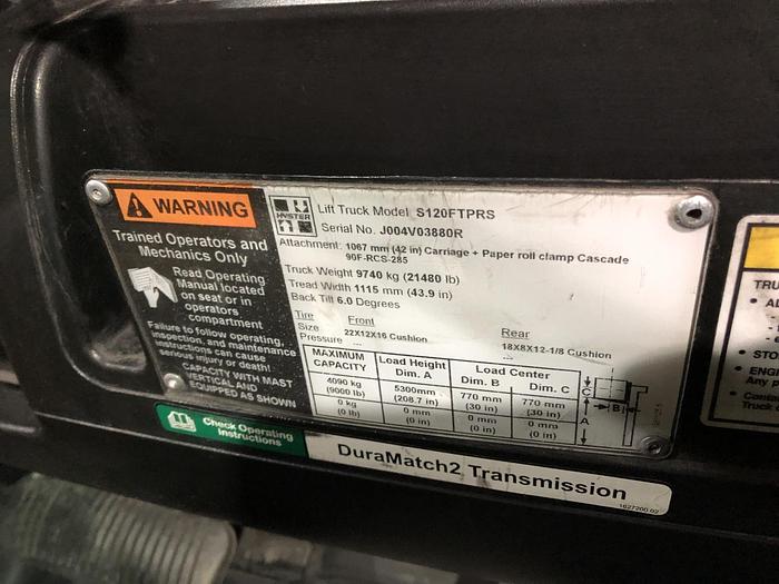 Used 12,000 POUND HYSTER S120FTPRS FORKLIFT WITH PAPER ROLL CLAMP MFG. 2017- PENDING SALE NF