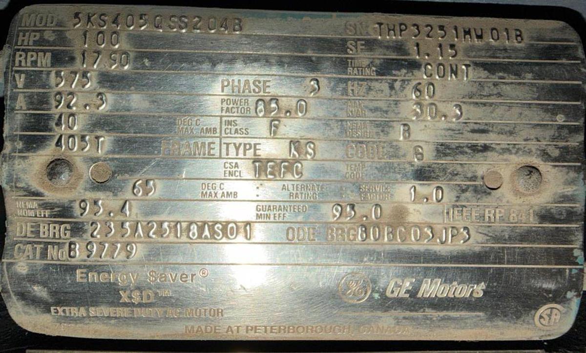 Used 100HP GE AC MOTOR 405TFRAME OVERHAULED MAY 2019