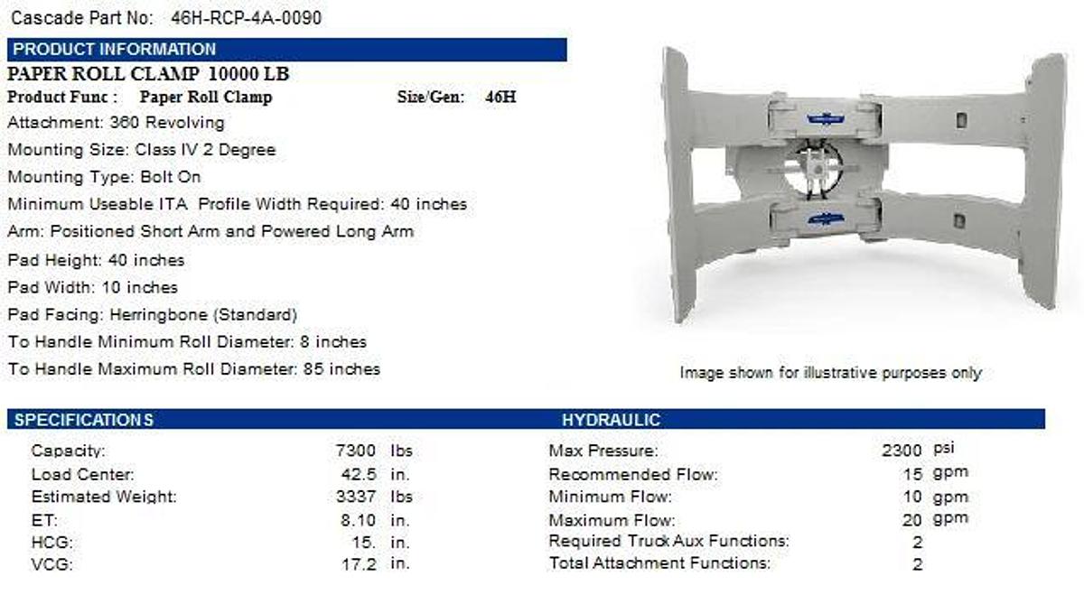 Used 84" CASCADE PAPER ROLL CLAMP MODEL 46H-RCP-4A-0090 CLASS IV MANUFACTURED 2020