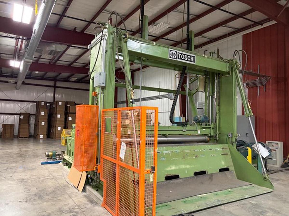 Used 134” WIDE TOSCHI (TOSOTEC) MODEL 4000-3S TWO DRUM SLITTER REWINDER - 71" REWIND DIAMETER - NEW PLC & DRIVES 2023