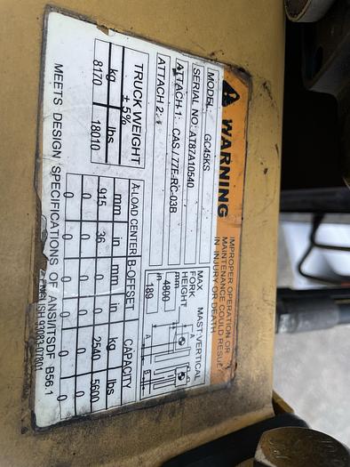 Used CATERPILLAR GC45KS 10,000LB FORKLIFT WITH 72" CASCADE CLAMP-SOLD