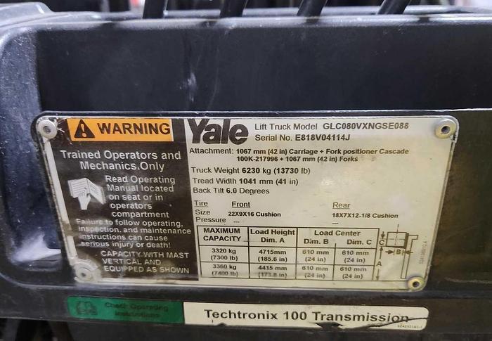 Used 8,000 POUND CAPACITY YALE GLC080VXNGSE88 FORKLIFT SIDESHIFTER AND FORK POSITIONER - ON HOLD (NEEDS WORK)