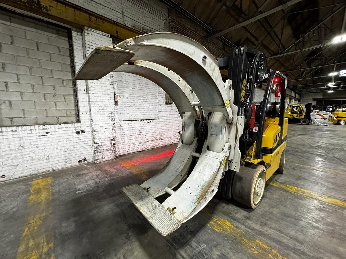 Used 15,500 POUND YALE MODEL GLC155VX FORKLIFT WITH 72" CASCADE PAPER ROLL CLAMP LOW HOURS