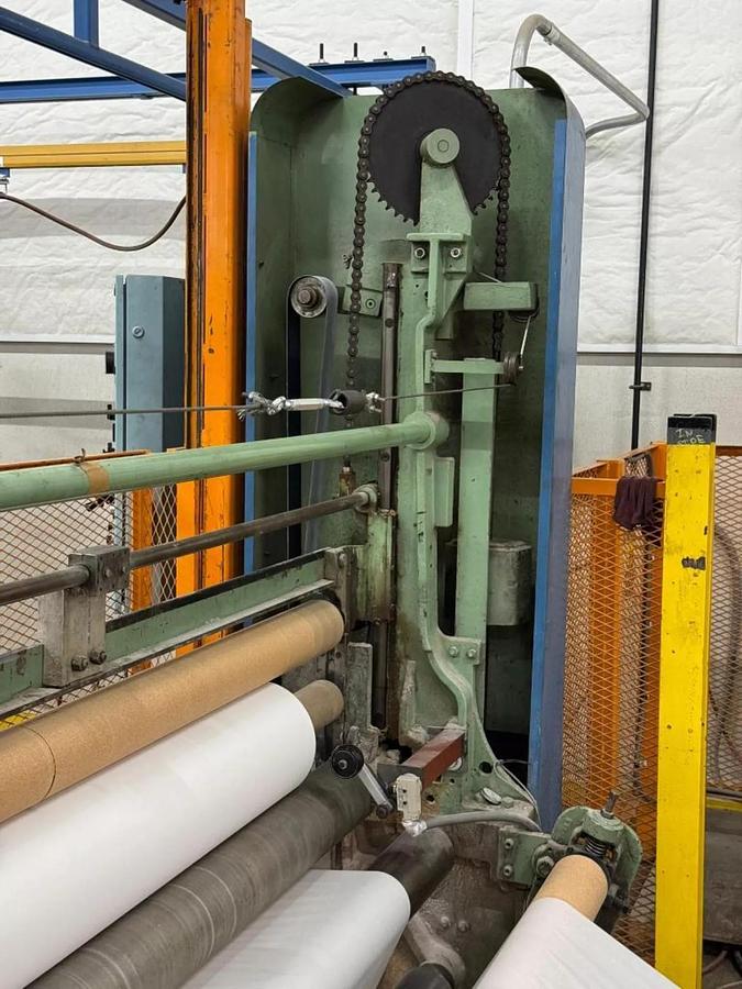 Used 84" WIDE SHANKS TWO DRUM SLITTER REWINDER WITH SHAFTLESS FLOOR PICK UP UNWIND STAND