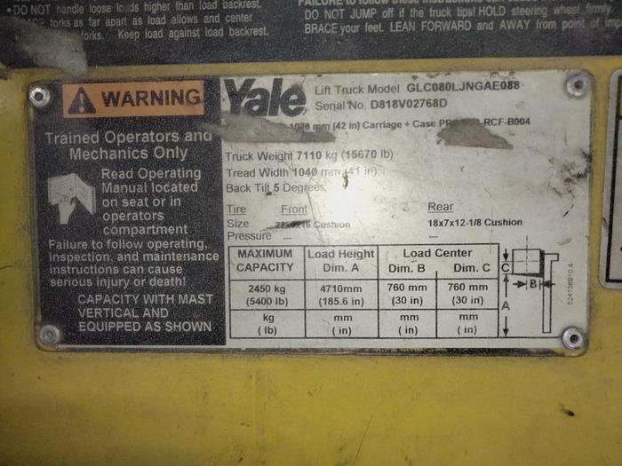 Used 8,000 POUND YALE FORKLIFT MODEL GLC080LJNGAE088 PAPER ROLL CLAMP TRUCK 51" DIAMETER