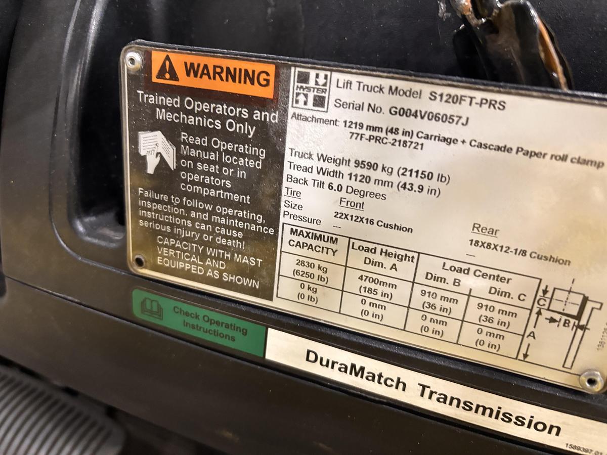 Used 12,000 POUND CAPACITY HYSTER S120FTPRS FORKLIFT WITH 72" CASCADE CLAMP