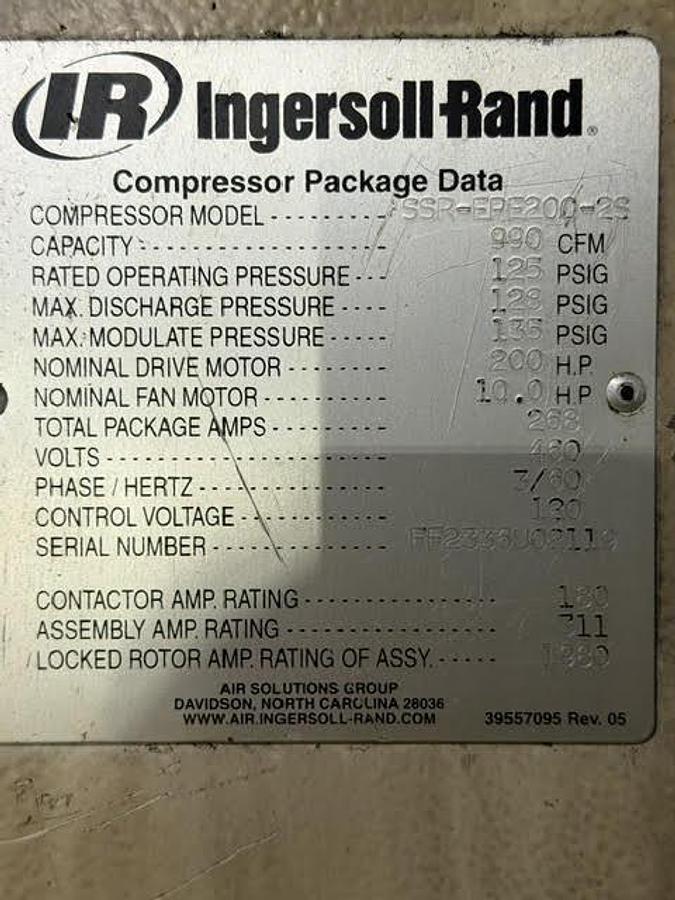 Used INGERSOLL - RAND MODEL SSR-EPE2-- -2S AIR COMPRESSOR