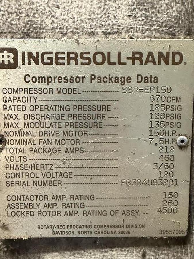 Used INGERSOL - RAND MODEL SSR-EP150 150 HP AIR COMPRESSOR