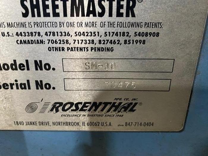 Used 30" ROSENTHAL MDL. SM-30 SHEETMASTER SHEETER NO CONTROL PANEL