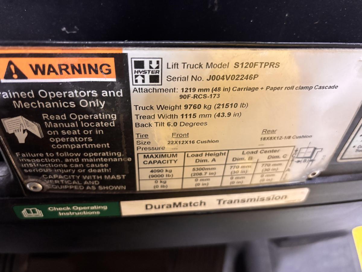 Used 12,000 POUND HYSTER S120FTPRS ROLL CLAMP FORKLIFT TRUCK LOW HOURS