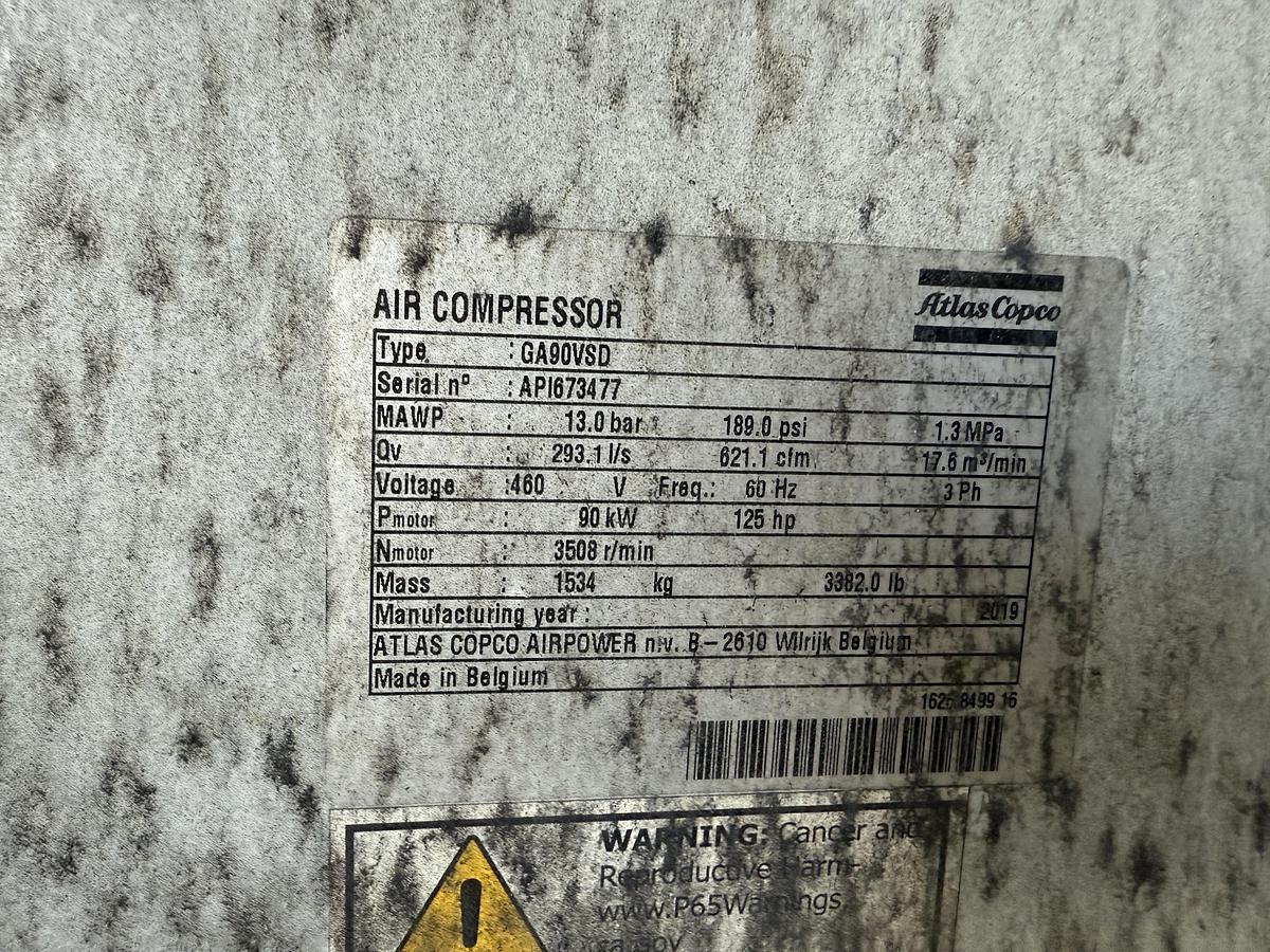Used 125 HP ATLAS COPCO AIR COMPRESSOR MODEL GA90VSD MANUFACTURED 2019