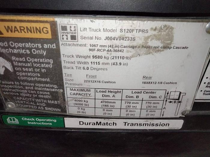 Used 12,000 POUND CAPACITY HYSTER S120FTPRS FORKLIFT WITH 60" CLAMP - PENDING JF