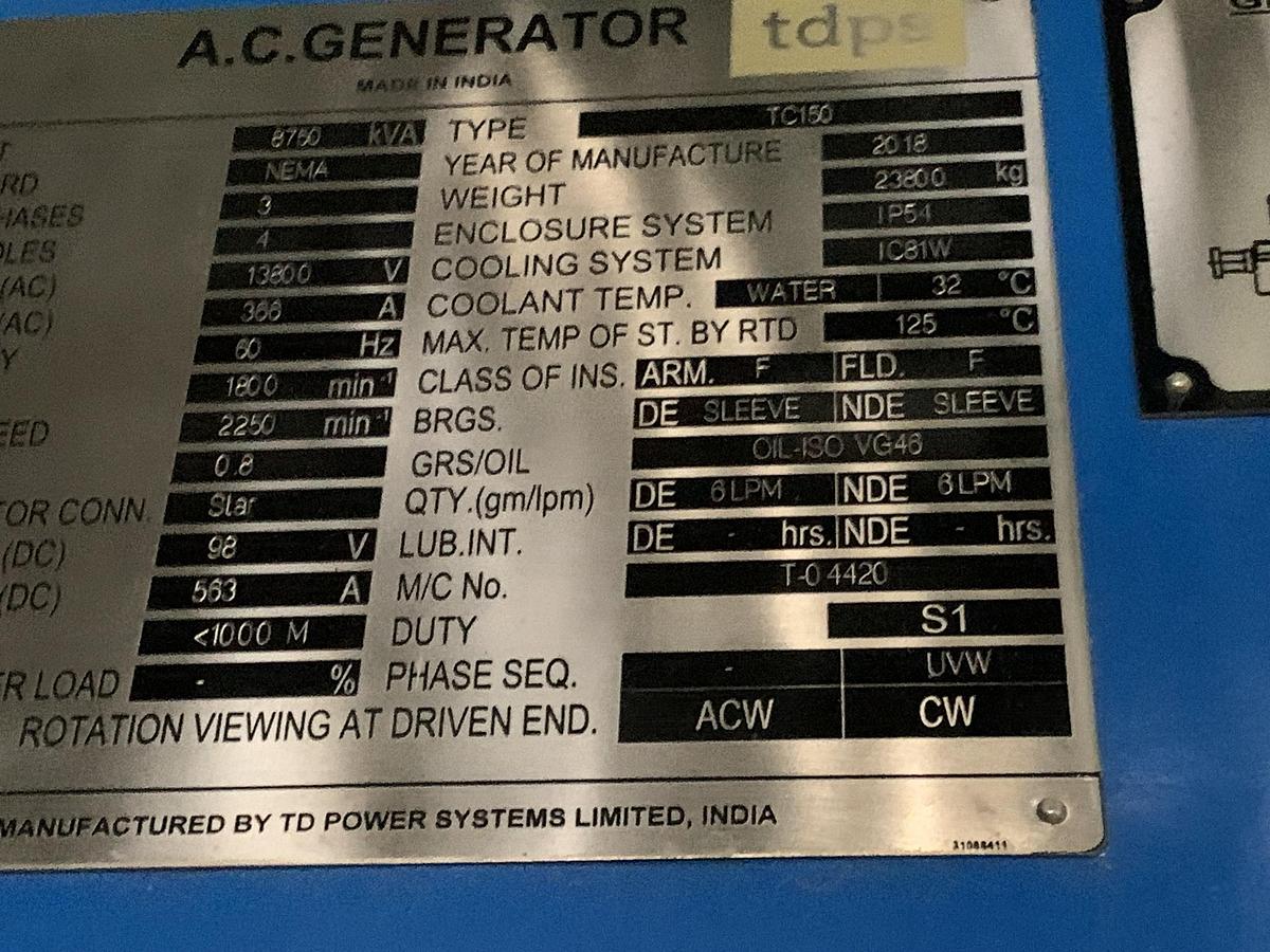 Used HOWDEN SERIES TWIN-CA 56 STEAM TURBINE AND TD POWER SYSTEMS AC GENERATOR 7.0MW MFG 2018 - PENDING RF