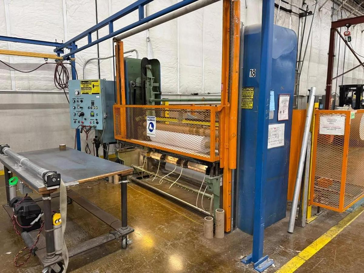 Used 84" WIDE SHANKS TWO DRUM SLITTER REWINDER WITH SHAFTLESS FLOOR PICK UP UNWIND STAND