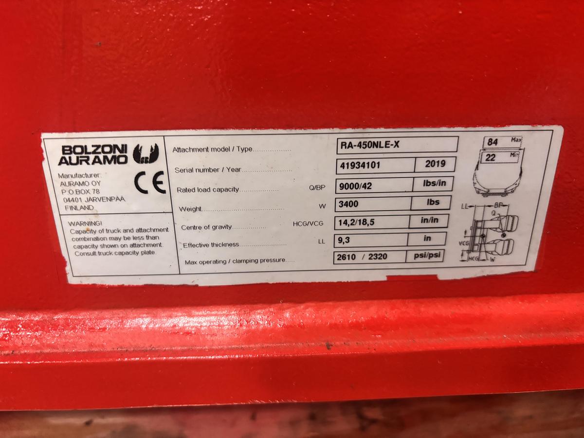 Used 84" BOLZONI AURAMO RA-450NLE-X PAPER ROLL CLAMP CLASS IV MANUAFACTURED 2019