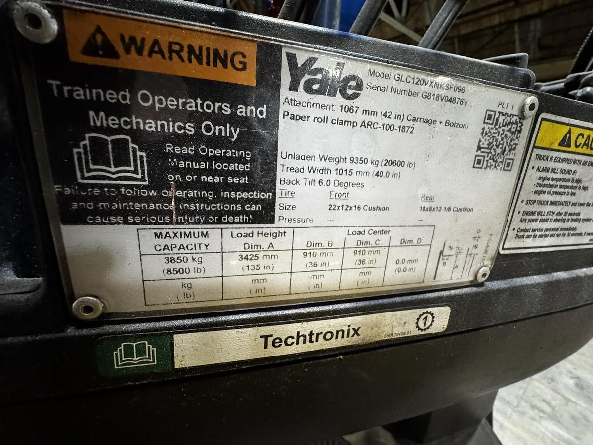 Used 12,000 POUND YALE GC120VXPRS FORKLIFT WITH 72" BOLZONI CLAMP MANUFACTURED 2021