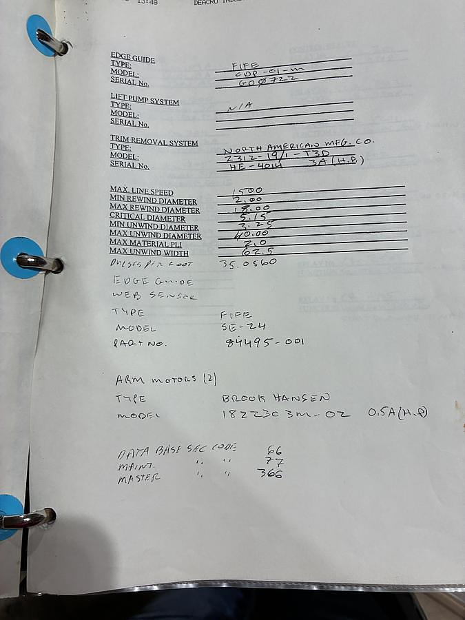 Used 63" WIDE DEACRO MODEL DA 653 DUPLEX CANTILEVERED SLITTER REWINDER