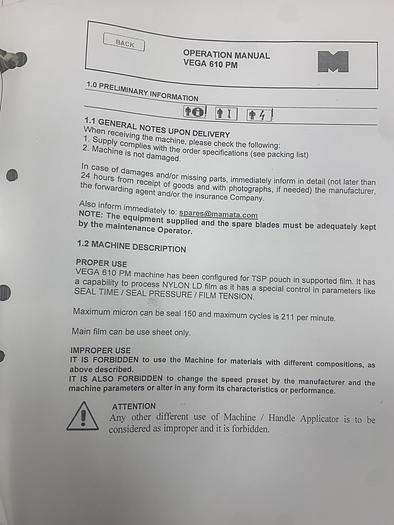 Used 2008 MAMATA VEGA 610 POUCH MACHINE