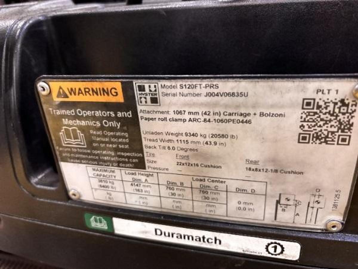 Used 12,000 POUND HYSTER S120FTPRS FORKLIFT WITH PAPER ROLL CLAMP MFG. 2020 LOW MAST