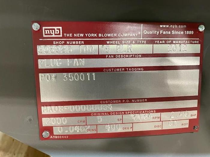 Used NEW YORK BLOWER CO.  15 PLR PLUG FAN UNUSED  2012 