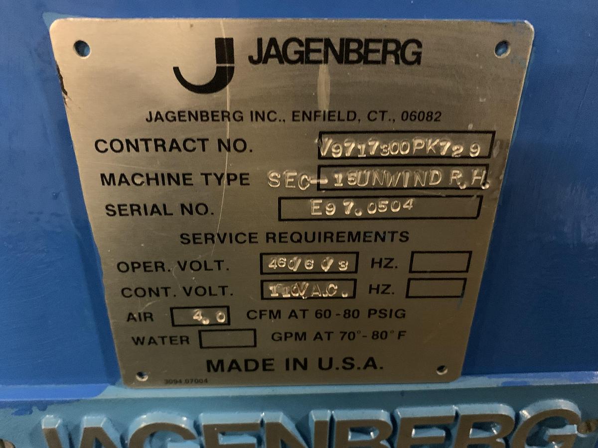 Used 87" JAGENBERG SHAFTLESS FLOOR PICK UP UNWIND STAND MDL SE-15  60" OD  ROLL CAPACITY