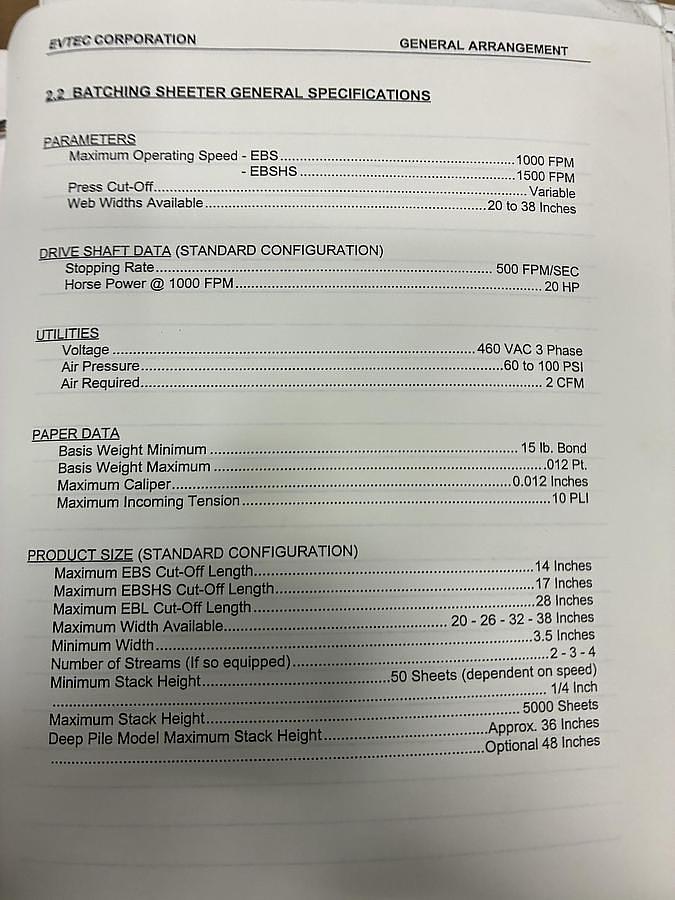 Used 38" WIDE EVTEC DUAL ROTARY CUT SIZE SHEETER