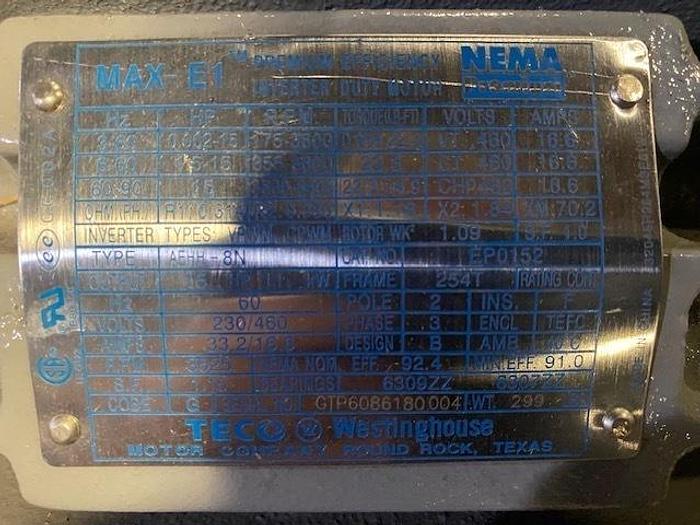 Used TECO-WESTINGHOUSE 15 HP INVERTER DUTY MOTOR  UNUSED