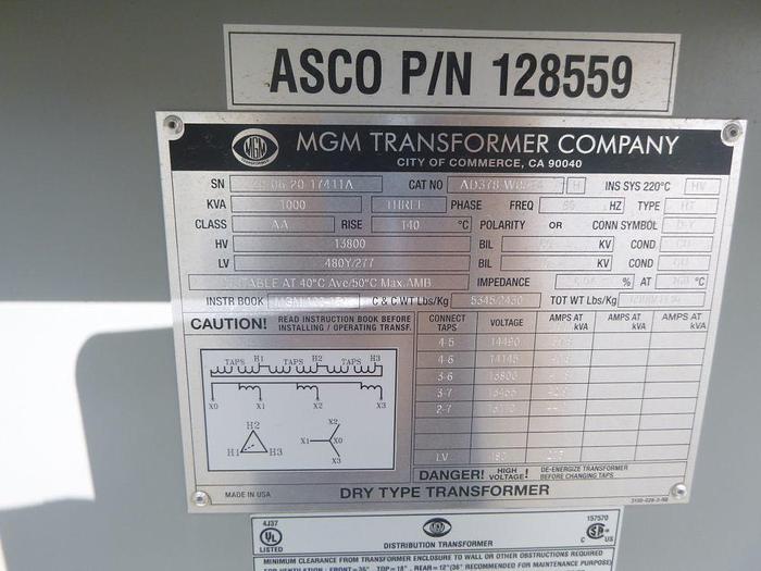 Used ASCO 9000 SERIES LOAD BANK 1000KW 480VAC 3PH 60HZ WITH 1000 KVA MGM TRANSFORMER