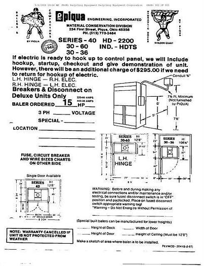 Used PIQUA VERTICAL CARDBOARD BALER 30" x 60" 15HP