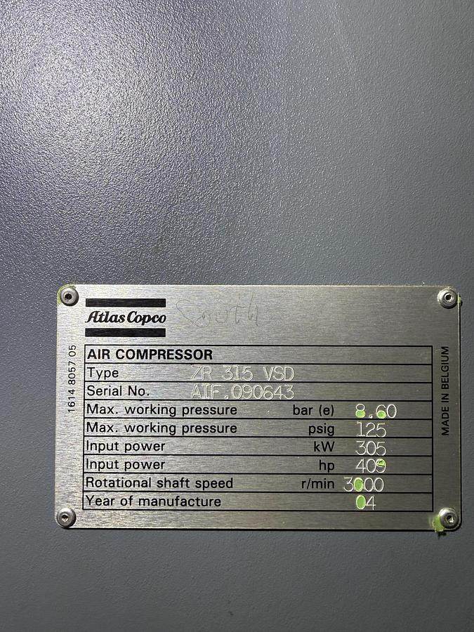 Used 400 HP ATLAS COPCO ZR315VSD AIR COMPRESSOR