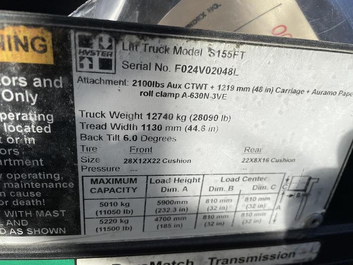 Used 15,500 POUND HYSTER MODEL S155FT FORKLIFT - PENDING SALE