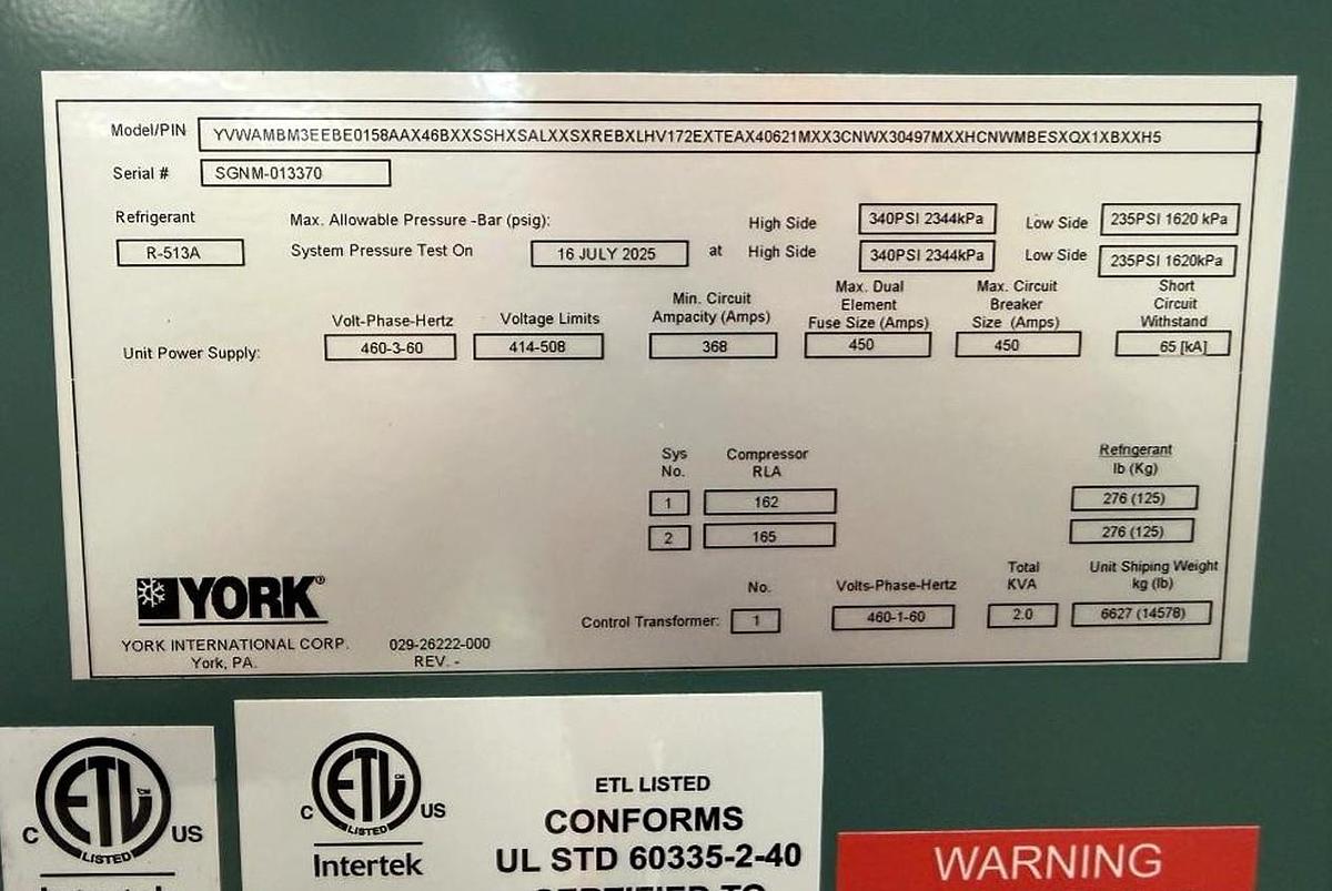 Used YORK MODEL YVWAMBM3EE HEAT RECOVERY SCREW CHILLER - UNUSED 2025